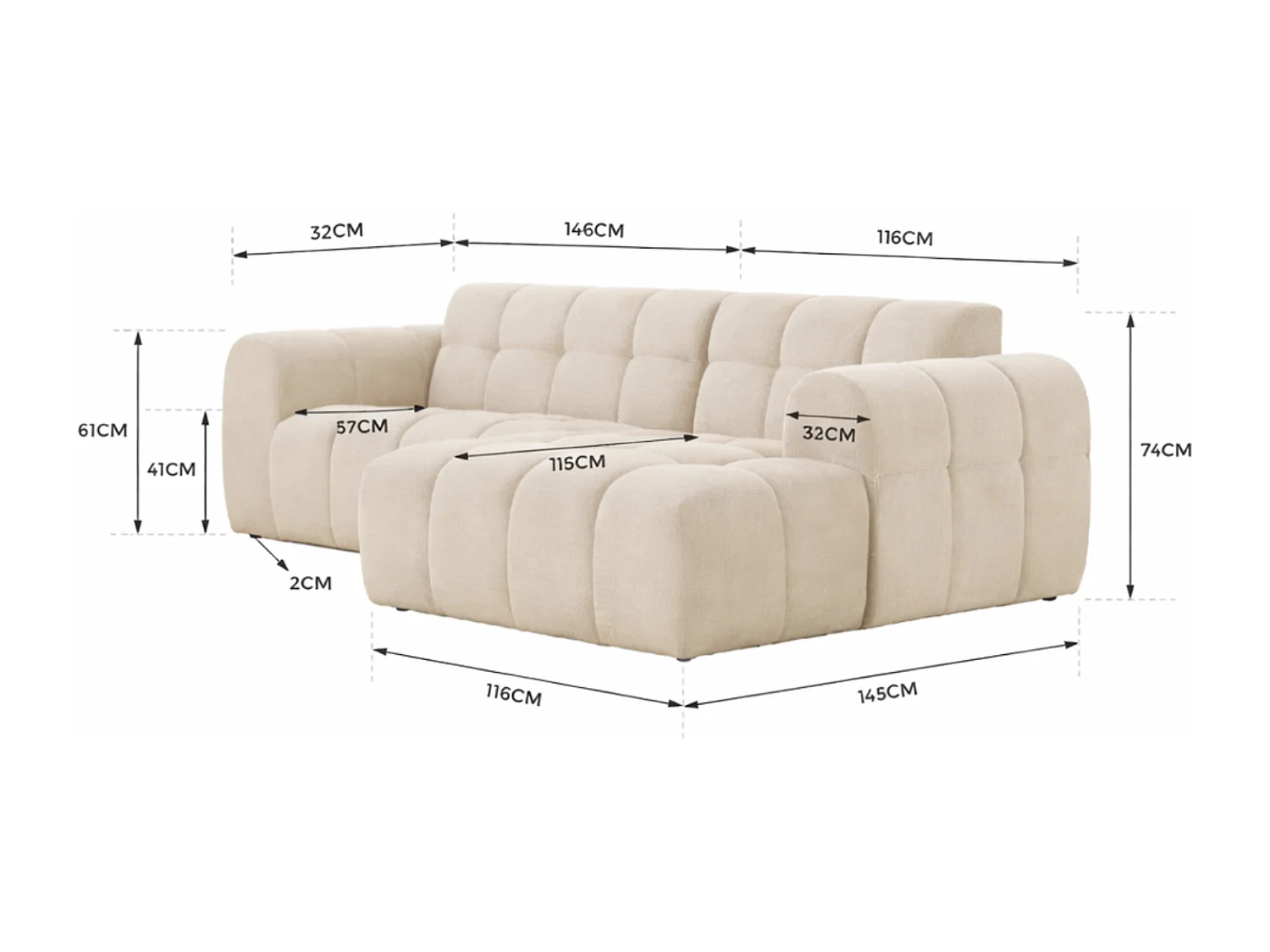 Canapé d'angle 3 places nuage en velours beige SALFORD