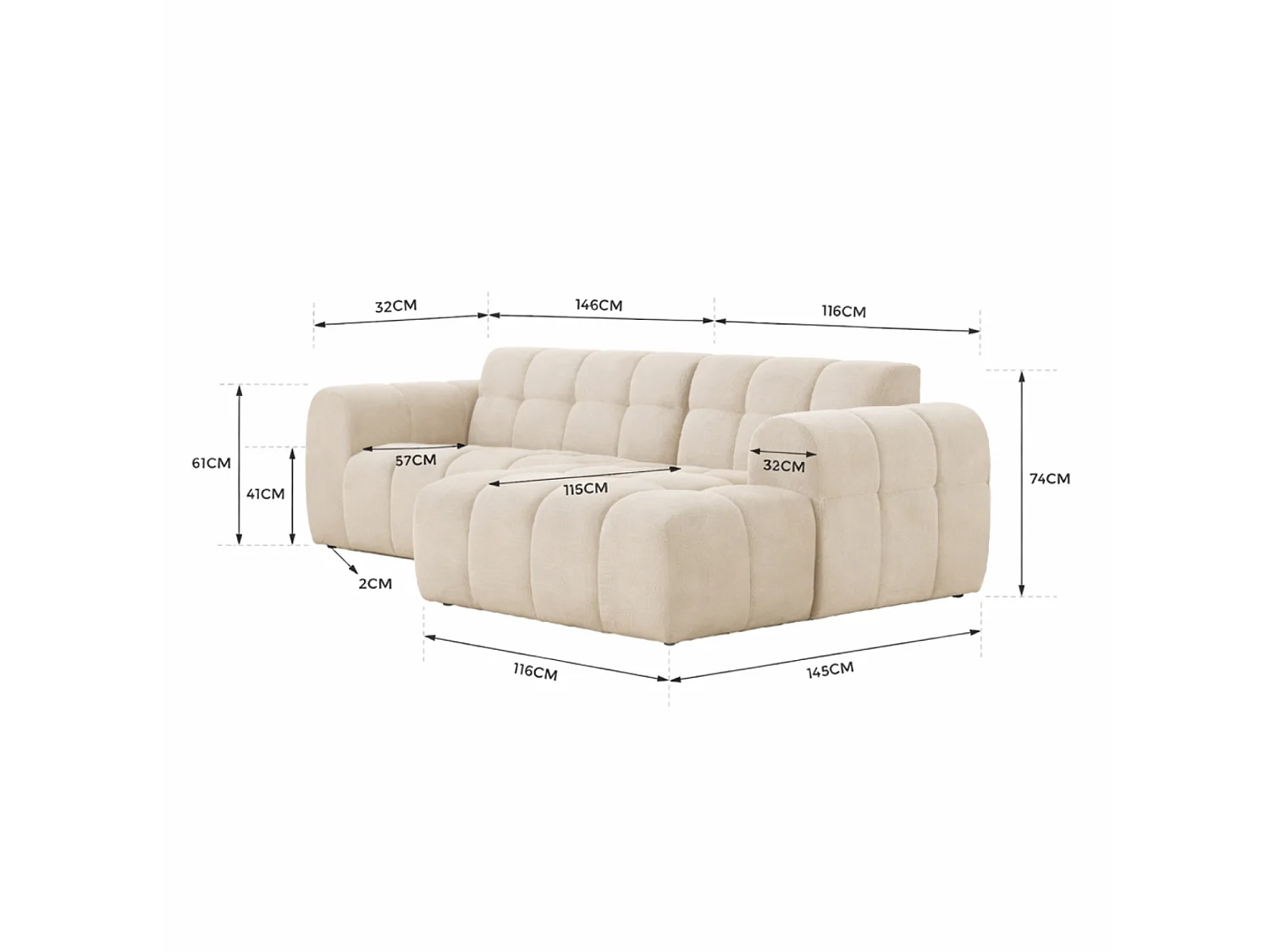 Canapé d'angle 3 places nuage en velours beige SALFORD