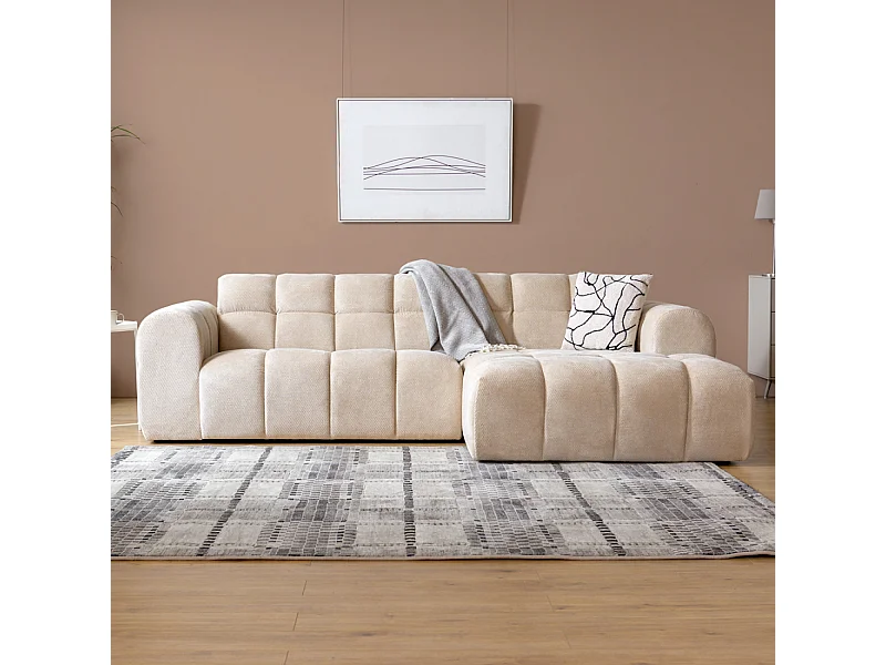 Hoekbank met 3 zitplaatsen in beige fluweel met rechter chaise longue - Comfortabel en modern