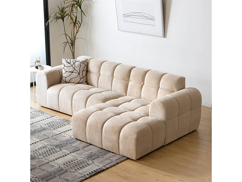 Hoekbank met 3 zitplaatsen in beige fluweel met rechter chaise longue - Comfortabel en modern
