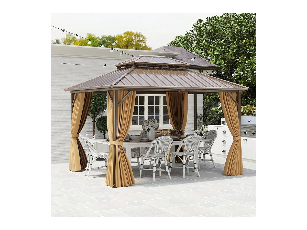 Tonnelle de Jardin à Double Toit en Métal Galvanisé 354 X 294 CM Tente de Reception Spacieuse avec Moustiquaire Protection UV Gazebo Café
