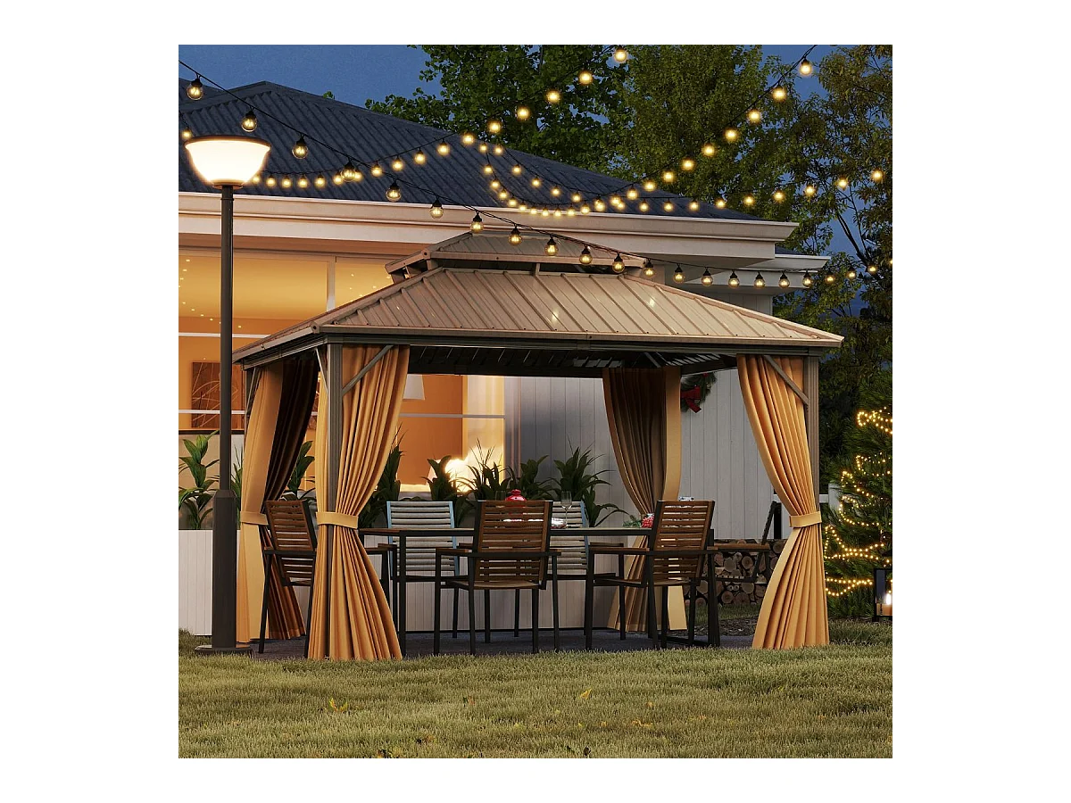 Tonnelle de Jardin à Double Toit en Métal Galvanisé 354 X 294 CM Tente de Reception Spacieuse avec Moustiquaire Protection UV Gazebo Café