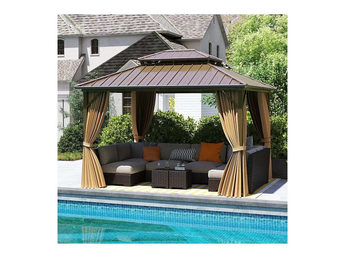 Tonnelle de Jardin à Double Toit en Métal Galvanisé 354 X 294 CM Tente de Reception Spacieuse avec Moustiquaire Protection UV Gazebo Café