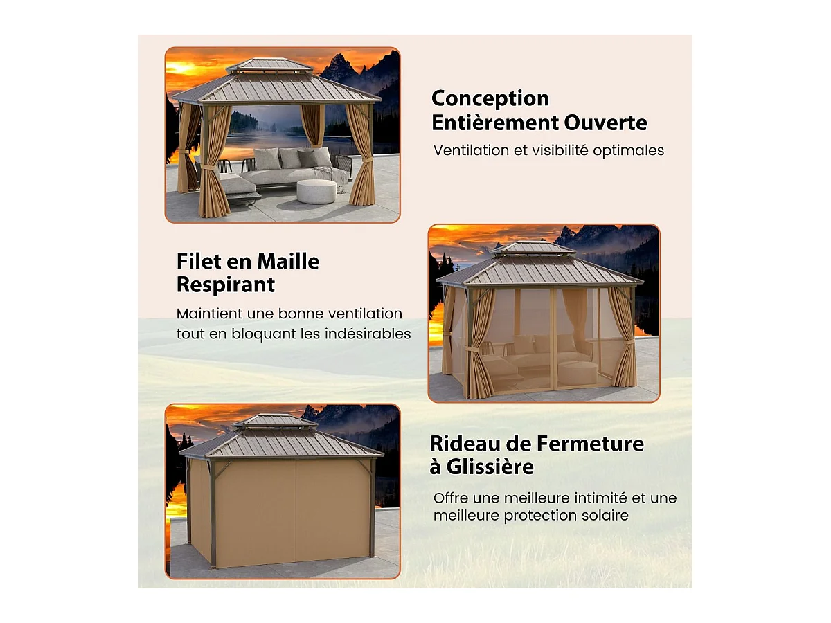 Tonnelle de Jardin à Double Toit en Métal Galvanisé 354 X 294 CM Tente de Reception Spacieuse avec Moustiquaire Protection UV Gazebo Café