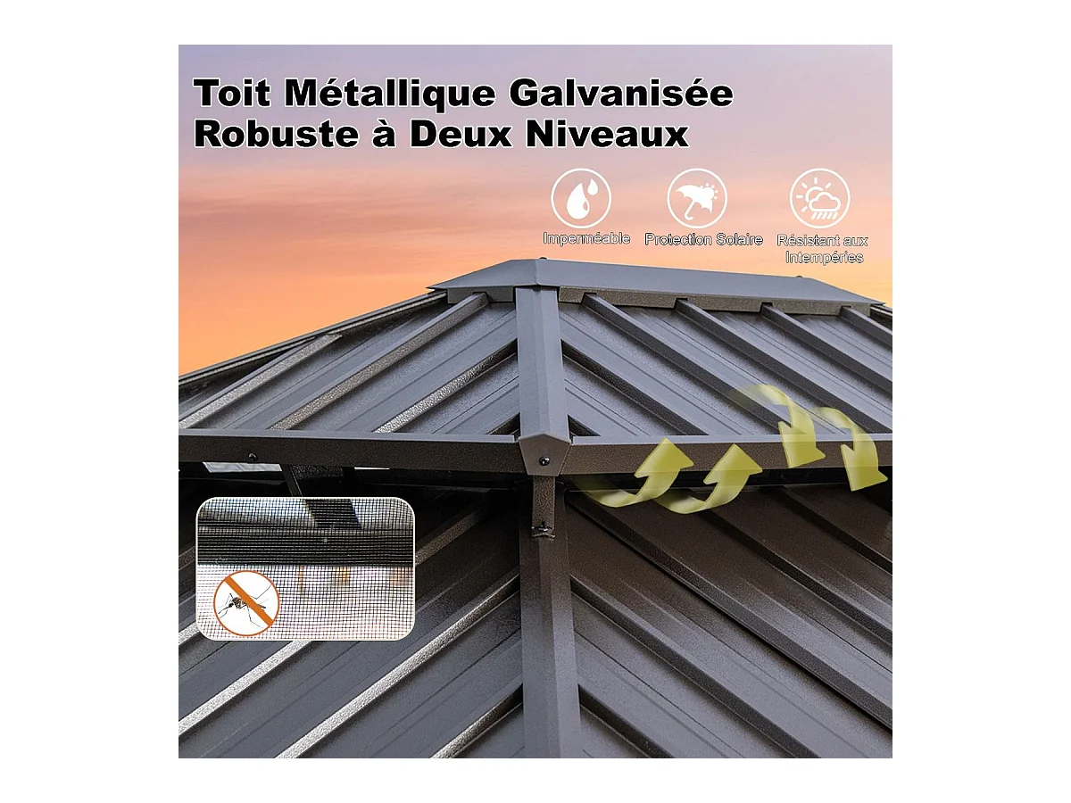 Tonnelle de Jardin à Double Toit en Métal Galvanisé 354 X 294 CM Tente de Reception Spacieuse avec Moustiquaire Protection UV Gazebo Café