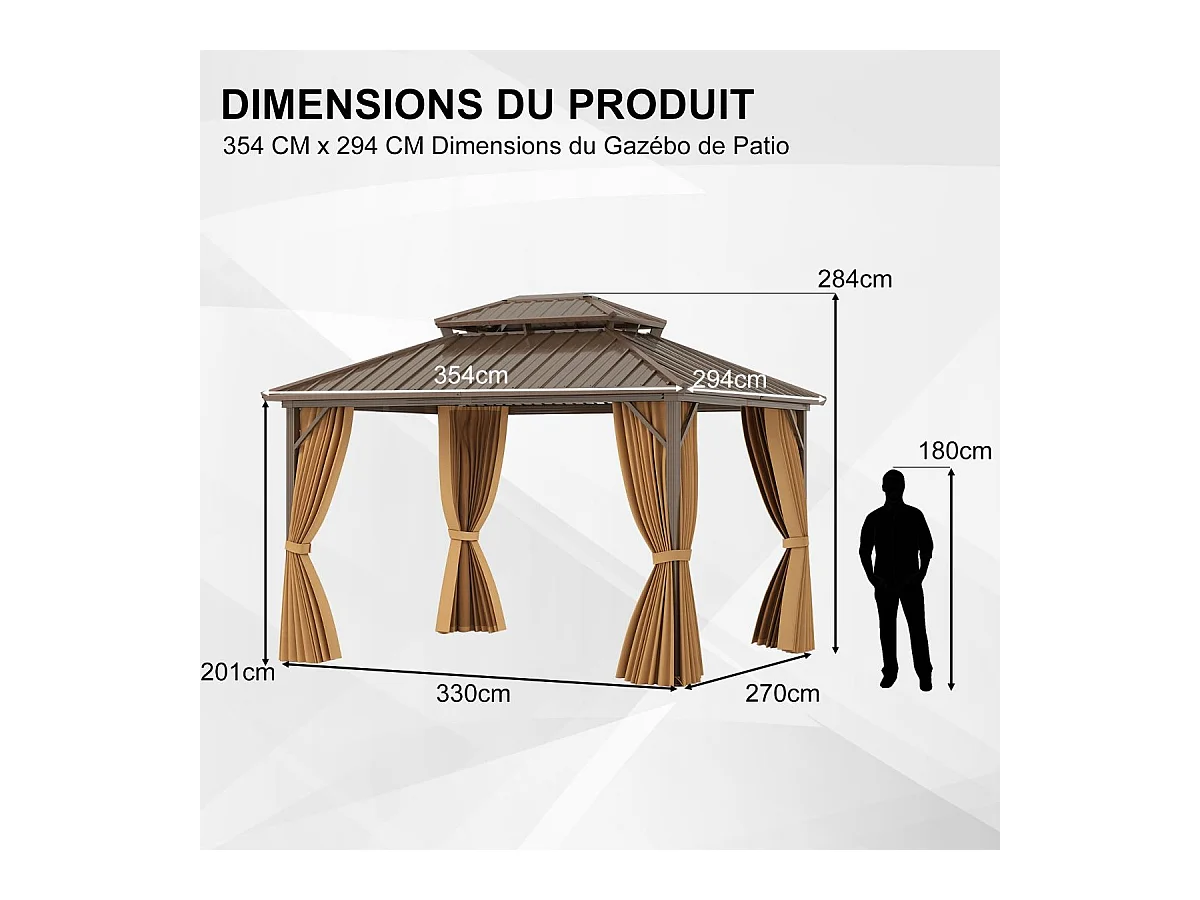Tonnelle de Jardin à Double Toit en Métal Galvanisé 354 X 294 CM Tente de Reception Spacieuse avec Moustiquaire Protection UV Gazebo Café