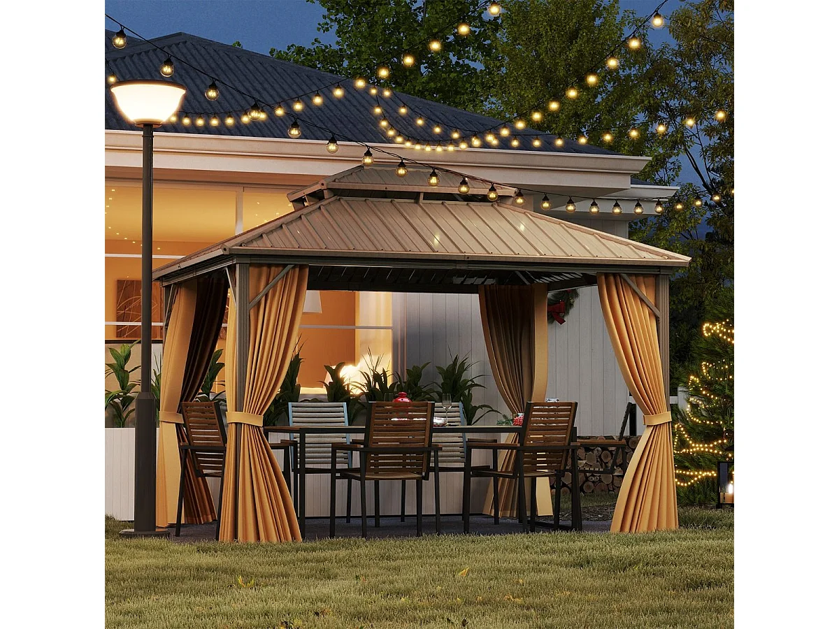 Tonnelle de Jardin à Double Toit en Métal Galvanisé 354 X 294 CM Tente de Reception Spacieuse avec Moustiquaire Protection UV Gazebo Café
