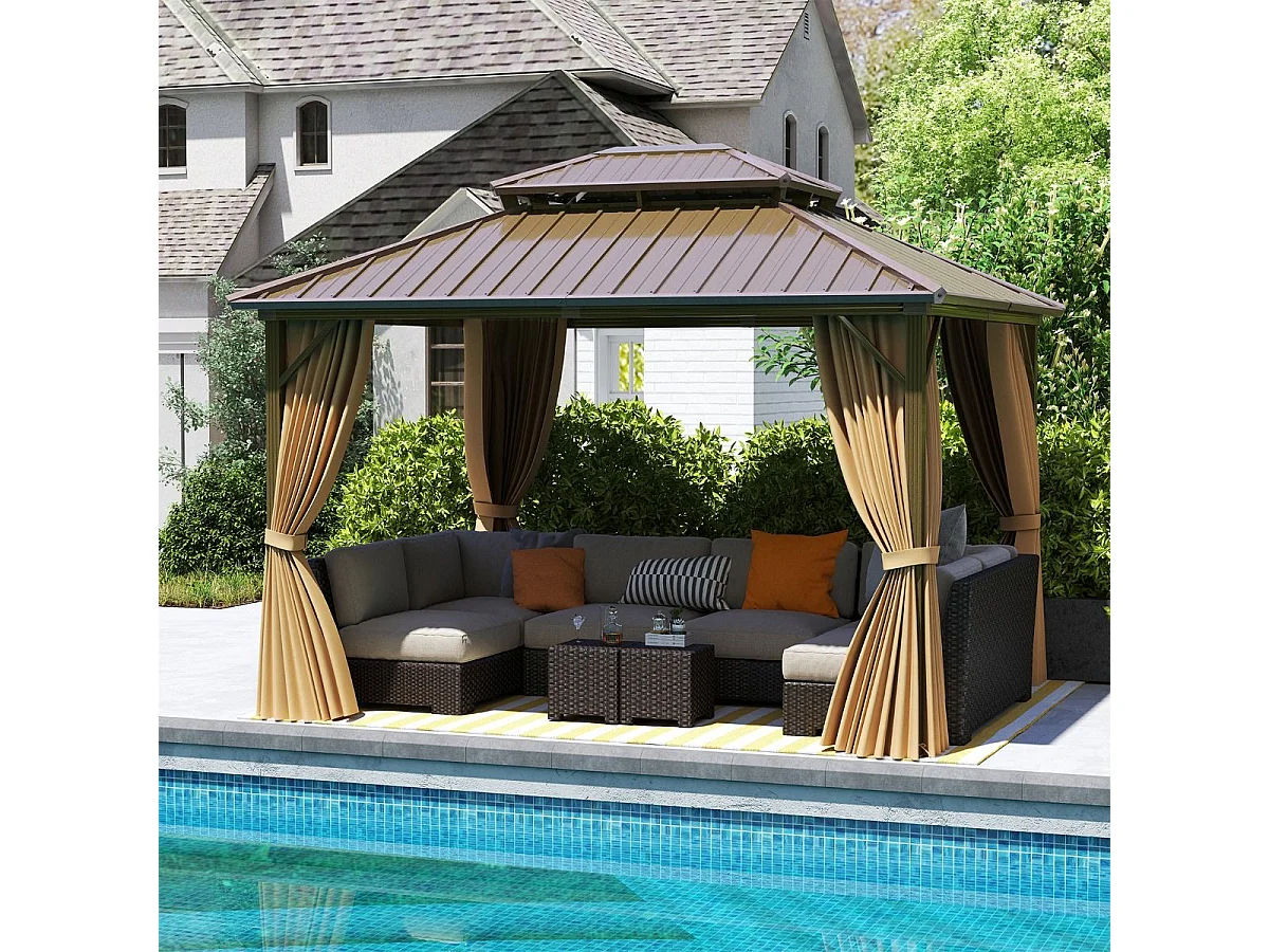 Tonnelle de Jardin à Double Toit en Métal Galvanisé 354 X 294 CM Tente de Reception Spacieuse avec Moustiquaire Protection UV Gazebo Café