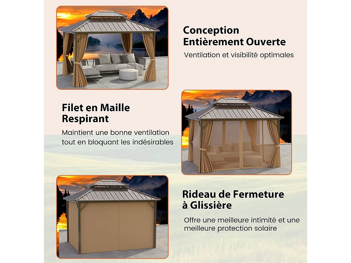 Tonnelle de Jardin à Double Toit en Métal Galvanisé 354 X 294 CM Tente de Reception Spacieuse avec Moustiquaire Protection UV Gazebo Café