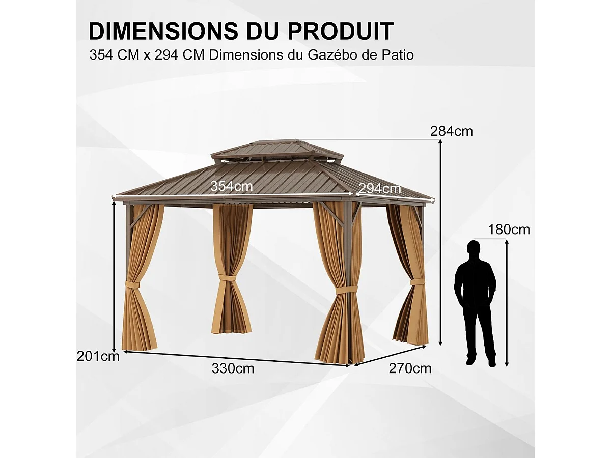 Tonnelle de Jardin à Double Toit en Métal Galvanisé 354 X 294 CM Tente de Reception Spacieuse avec Moustiquaire Protection UV Gazebo Café