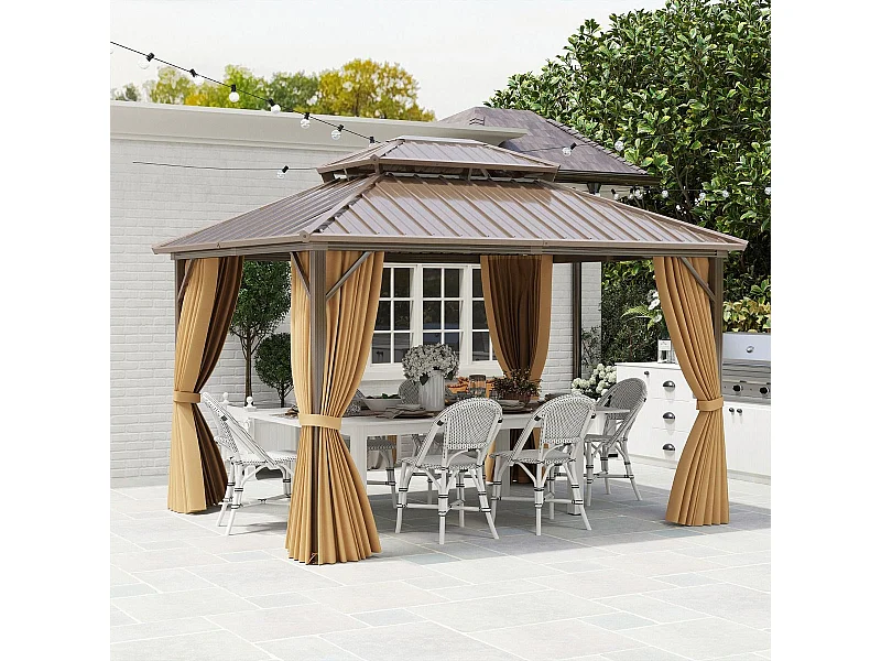 Tonnelle de Jardin à Double Toit en Métal Galvanisé 354 X 294 CM Tente de Reception Spacieuse avec Moustiquaire Protection UV Gazebo Café