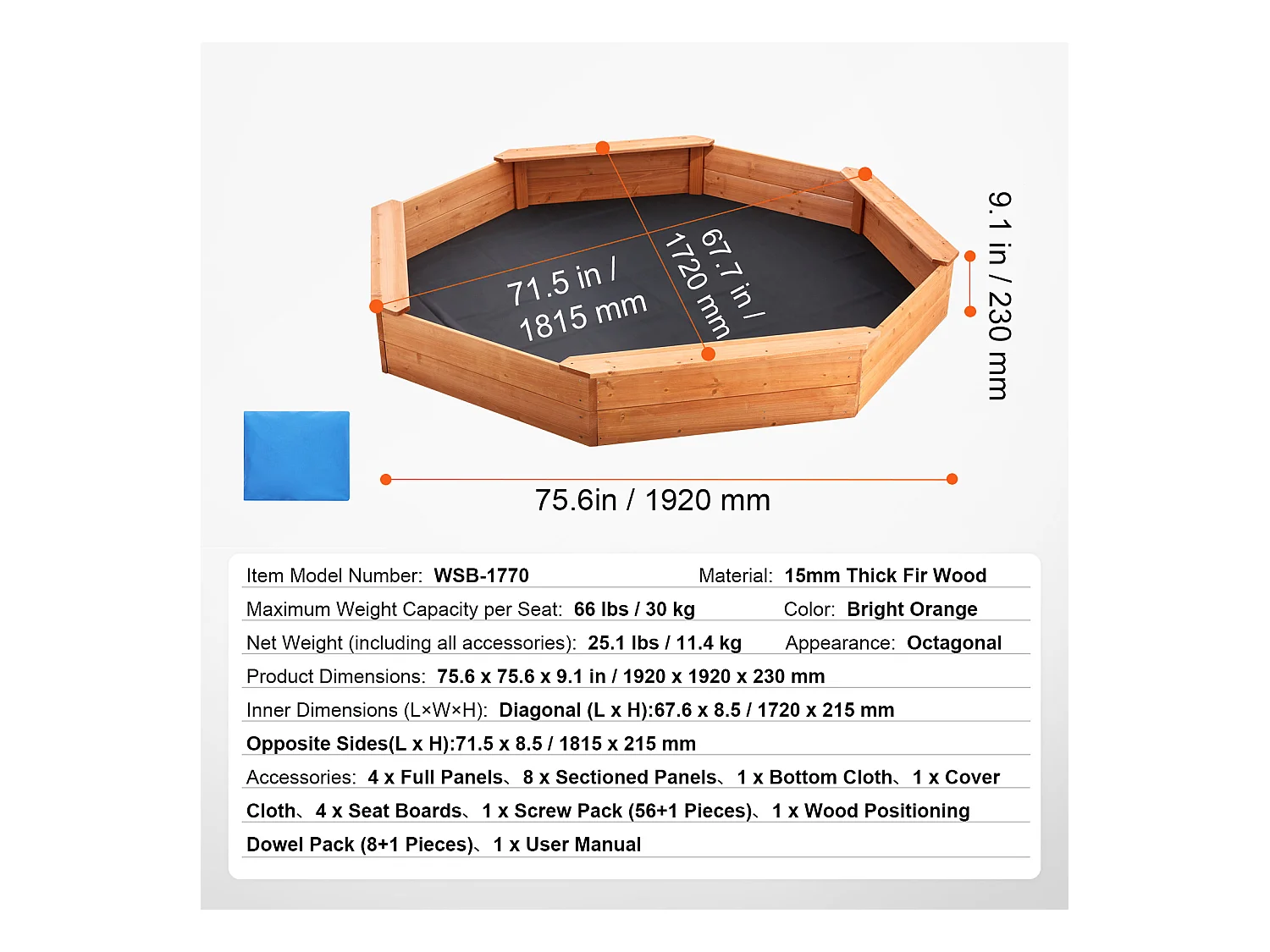 Bac à Sable en Bois, SucceBuy Bac à Sable en Bois avec Couvercle Bac à Sable Octogonal Bac à Sable Extérieur 3-12 Ans