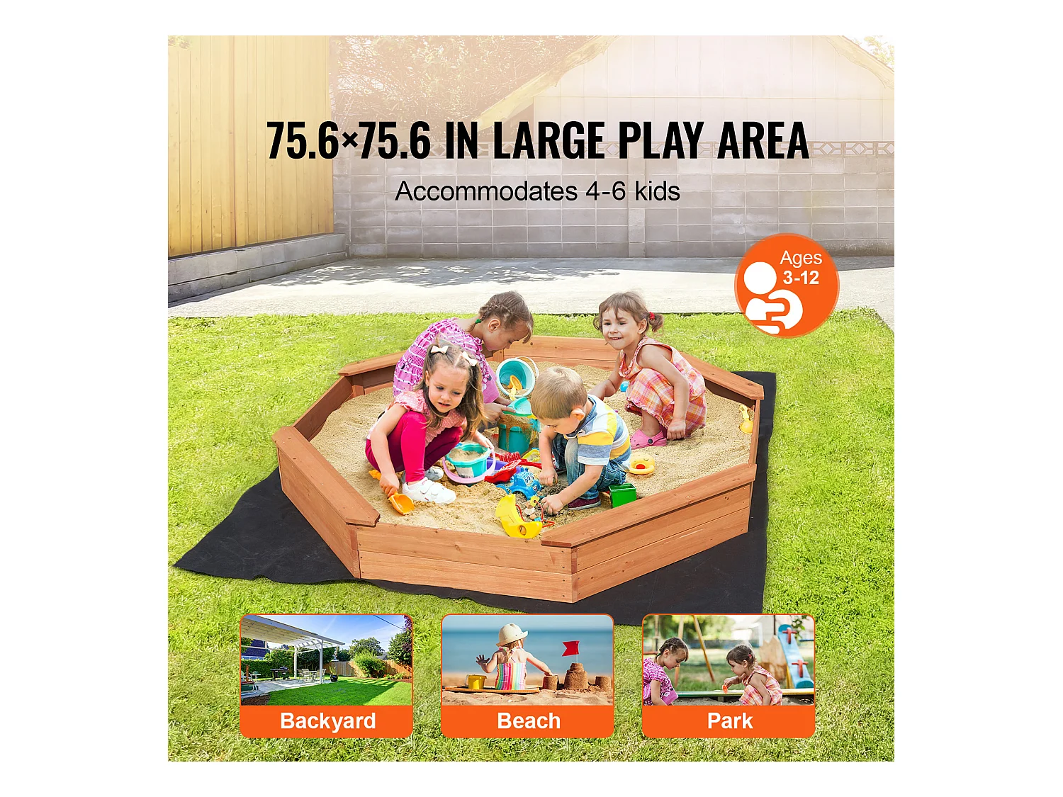 Bac à Sable en Bois, SucceBuy Bac à Sable en Bois avec Couvercle Bac à Sable Octogonal Bac à Sable Extérieur 3-12 Ans