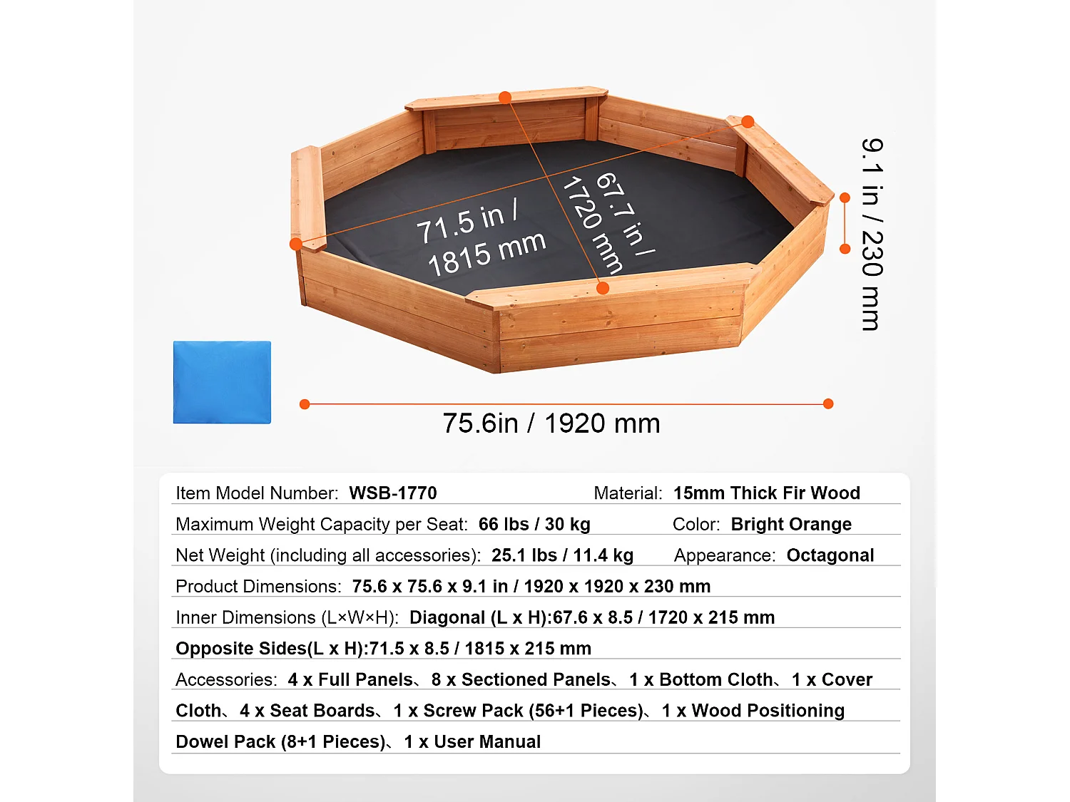 Bac à Sable en Bois, SucceBuy Bac à Sable en Bois avec Couvercle Bac à Sable Octogonal Bac à Sable Extérieur 3-12 Ans