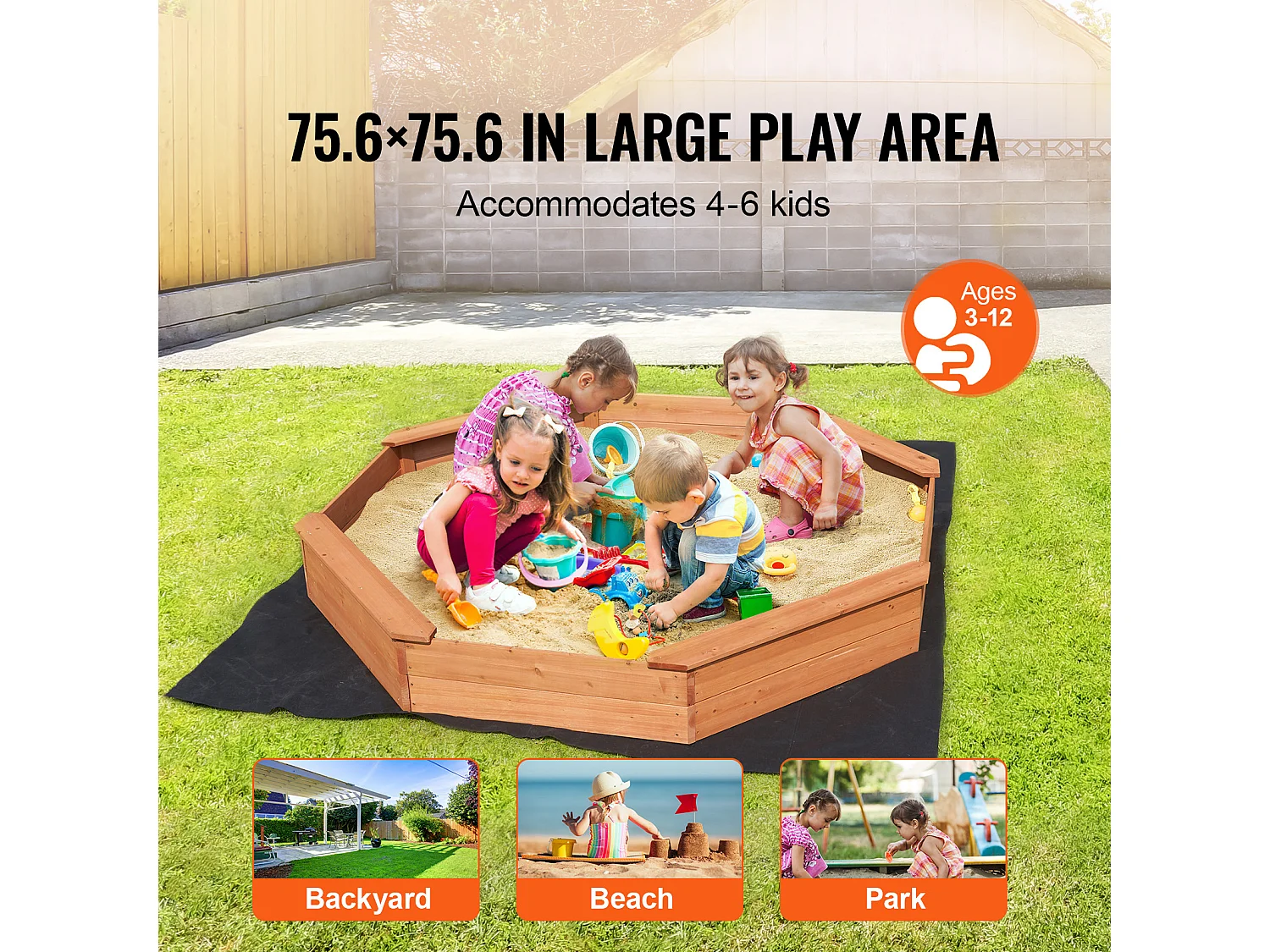 Bac à Sable en Bois, SucceBuy Bac à Sable en Bois avec Couvercle Bac à Sable Octogonal Bac à Sable Extérieur 3-12 Ans