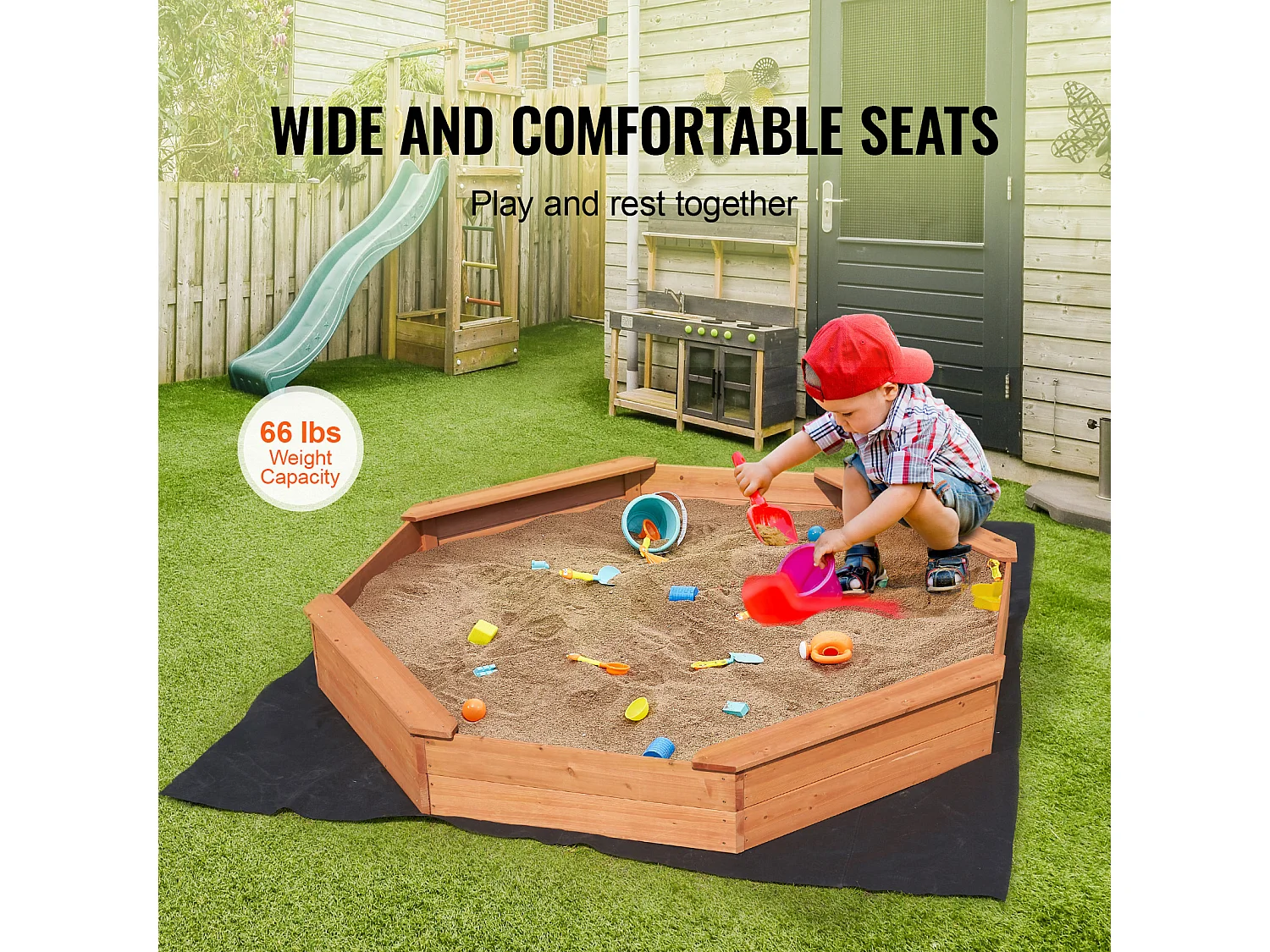 Bac à Sable en Bois, SucceBuy Bac à Sable en Bois avec Couvercle Bac à Sable Octogonal Bac à Sable Extérieur 3-12 Ans