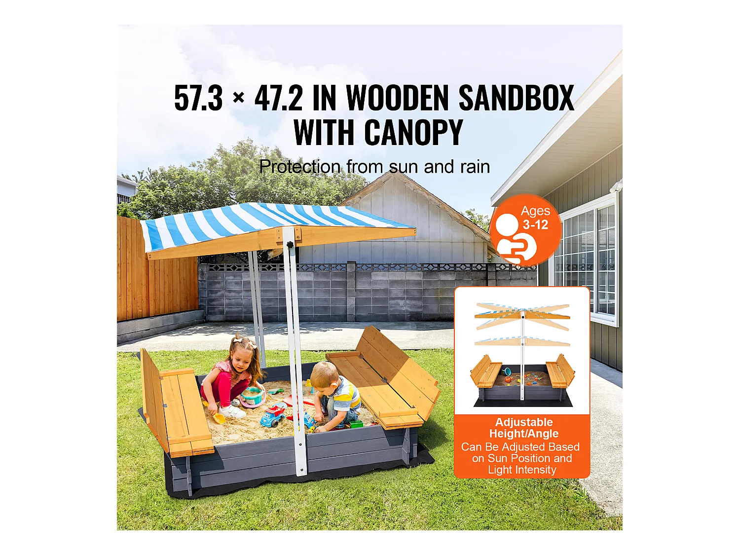 Bac à Sable en Bois, SucceBuy Bac à Sable en Bois avec Auvent Bac à Sable Jardin extérieur 3-12 Ans