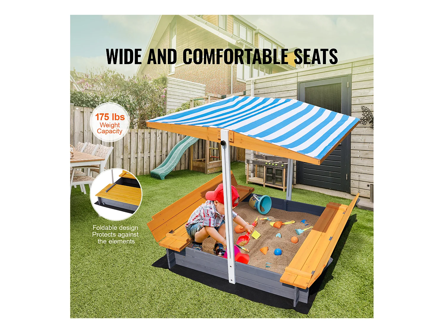 Bac à Sable en Bois, SucceBuy Bac à Sable en Bois avec Auvent Bac à Sable Jardin extérieur 3-12 Ans