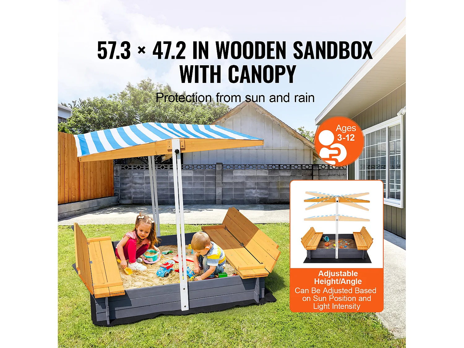 Bac à Sable en Bois, SucceBuy Bac à Sable en Bois avec Auvent Bac à Sable Jardin extérieur 3-12 Ans