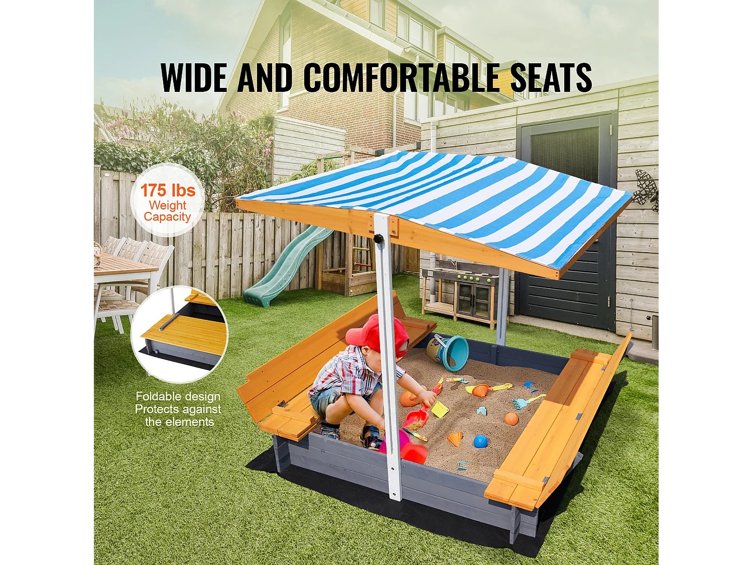 Bac à Sable en Bois, SucceBuy Bac à Sable en Bois avec Auvent Bac à Sable Jardin extérieur 3-12 Ans