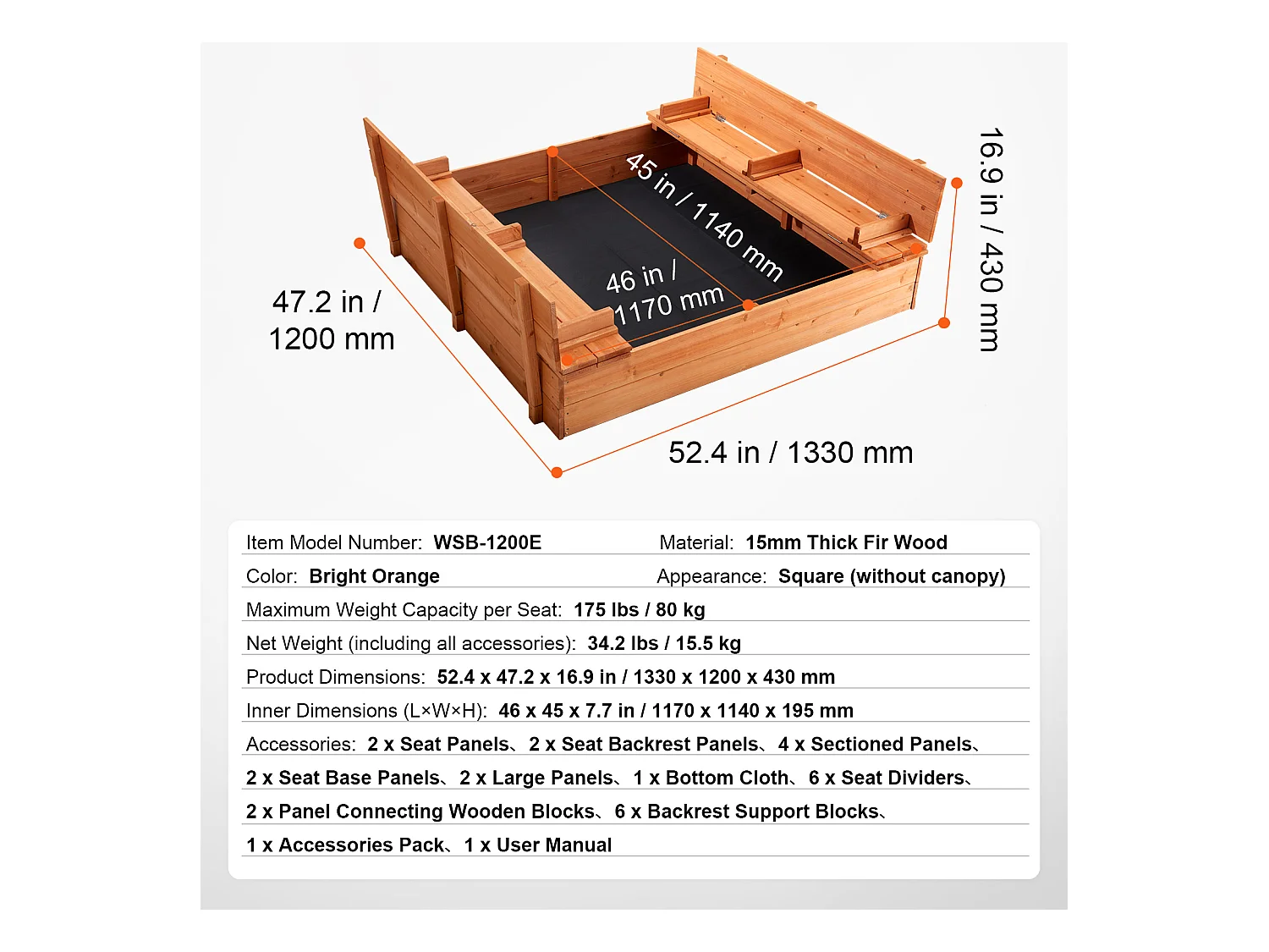 Bac à Sable en Bois, SucceBuy Bac à Sable en Bois Bac à Sable avec Doublure Inférieure pour L'extérieur de 3 à 12 Ans