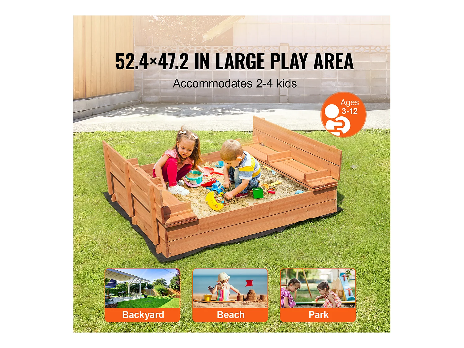 Drewniana Piaskownica, SucceBuy Drewniana Piaskownica Piaskownica z Dolną Wyściółką do Użytku na Zewnątrz w Wieku 3-12 Lat