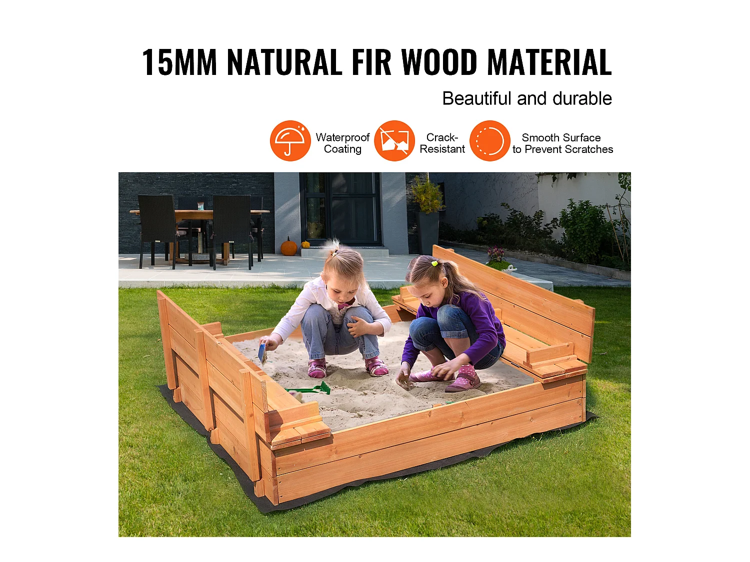 Drewniana Piaskownica, SucceBuy Drewniana Piaskownica Piaskownica z Dolną Wyściółką do Użytku na Zewnątrz w Wieku 3-12 Lat