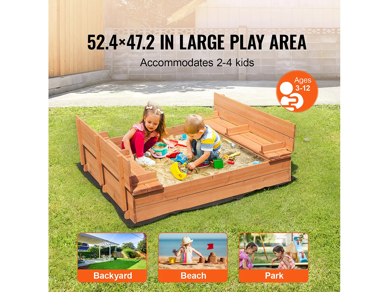 Bac à Sable en Bois, SucceBuy Bac à Sable en Bois Bac à Sable avec Doublure Inférieure pour L'extérieur de 3 à 12 Ans