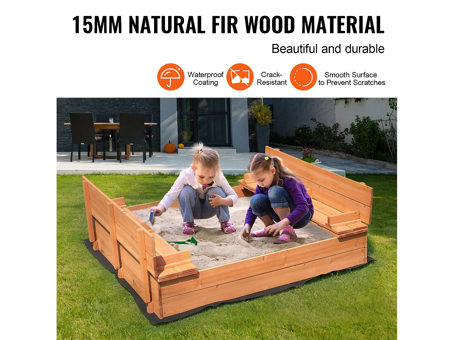 Bac à Sable en Bois, SucceBuy Bac à Sable en Bois Bac à Sable avec Doublure Inférieure pour L'extérieur de 3 à 12 Ans