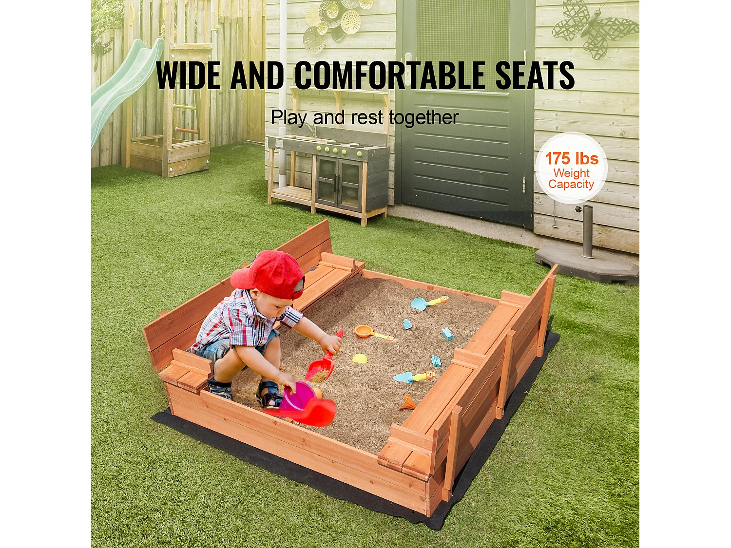 Bac à Sable en Bois, SucceBuy Bac à Sable en Bois Bac à Sable avec Doublure Inférieure pour L'extérieur de 3 à 12 Ans