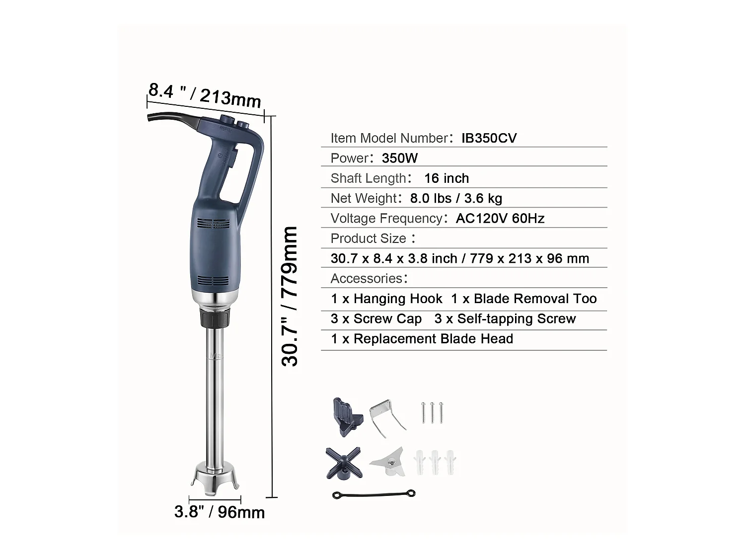 Liquidificador de Imersão Comercial SucceBuy de 350 W, Liquidificador Manual de Alta Resistência para Sopas e Molhos