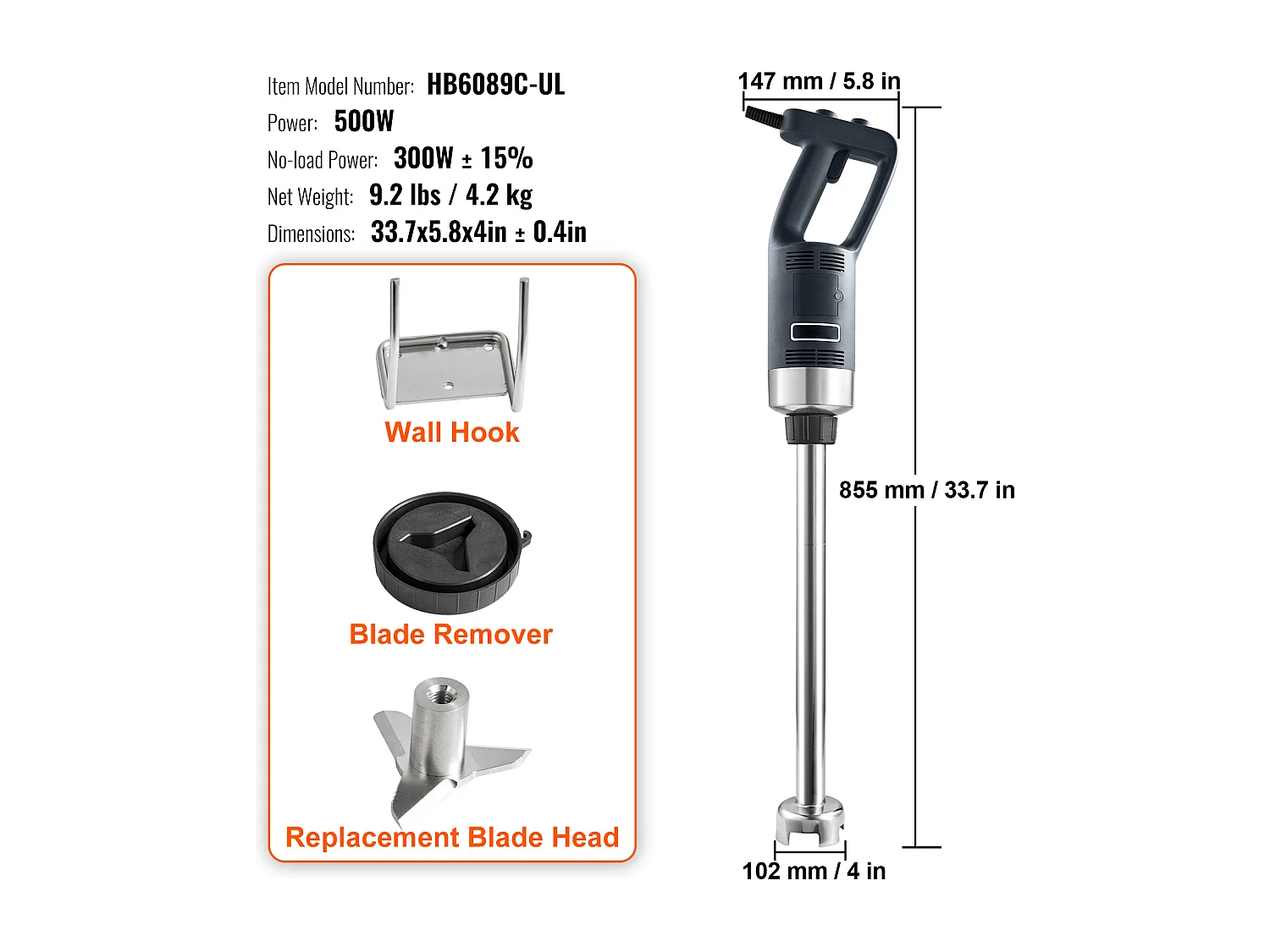Mélangeur à Immersion SucceBuy Mélangeur à Immersion Commercial 500 W, Mixeur à Main Robuste, Vitesse Variable