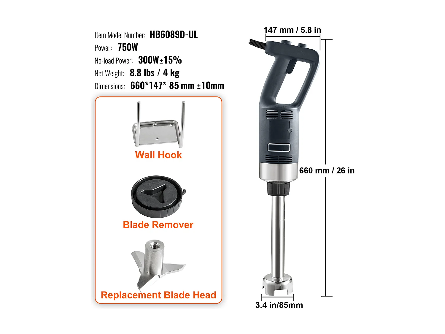 Mélangeur à Immersion SucceBuy Mélangeur à Immersion Commercial, Mélangeur à Main Robuste de 750 W, Vitesse Variable