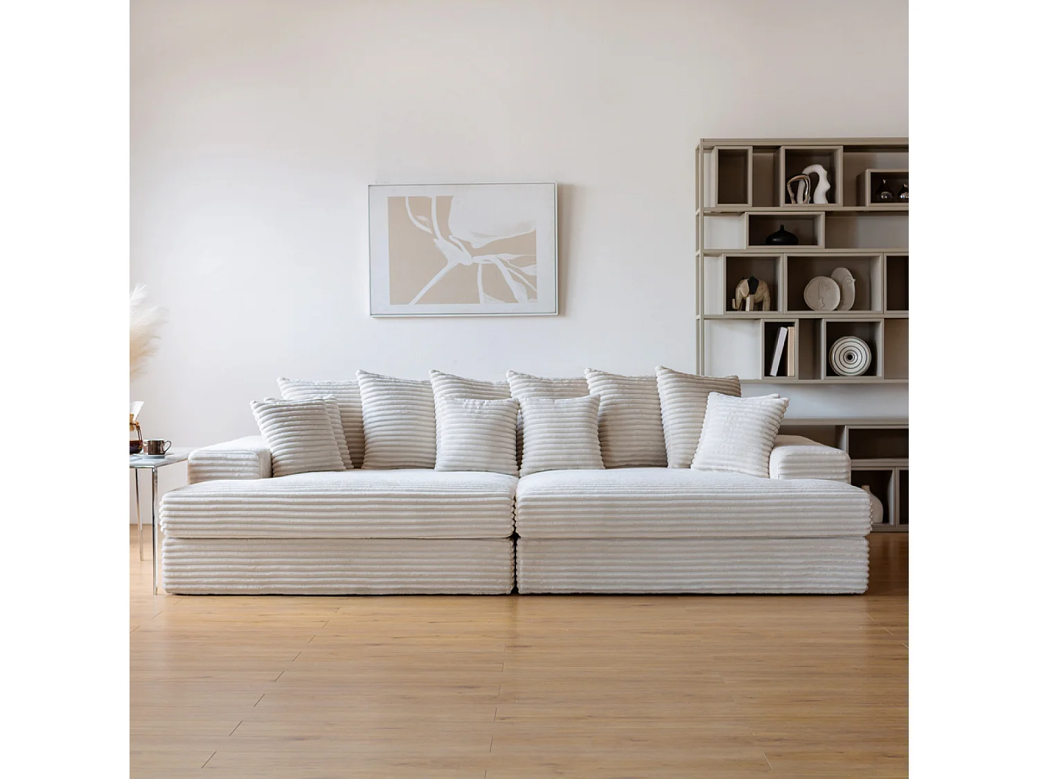 Divano a 4 Posti in Velluto a Coste Beige Profondo Seduta Confortevole