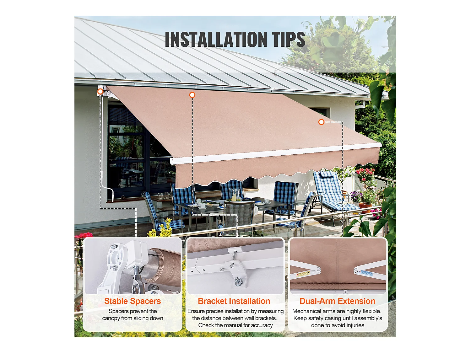 Store Banne Manuel Rétractable, SucceBuy Auvent de Terrasse Rétractable 305x244 CM, Abri Pare-soleil Avec Manivelle