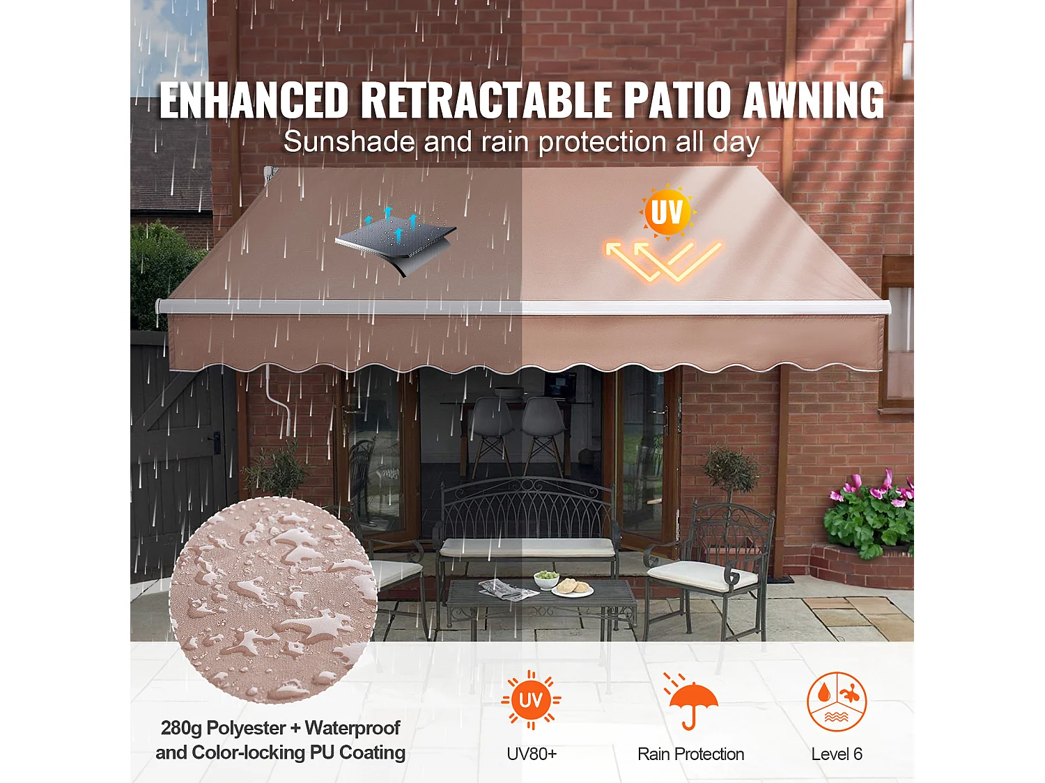 Store Banne Manuel Rétractable, SucceBuy Auvent de Terrasse Rétractable 305x244 CM, Abri Pare-soleil Avec Manivelle