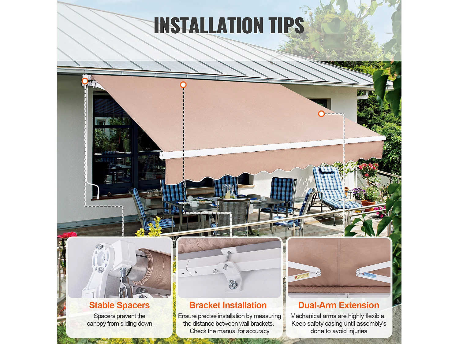 Store Banne Manuel Rétractable, SucceBuy Auvent de Terrasse Rétractable 305x244 CM, Abri Pare-soleil Avec Manivelle