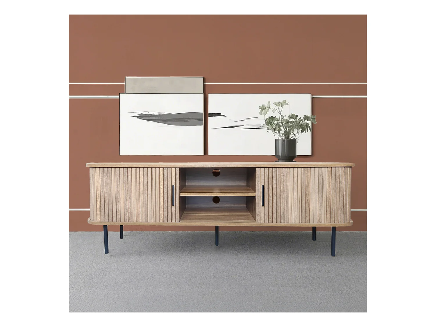 Meuble TV en bois cannelé à portes coulissantes 140cm MANADO