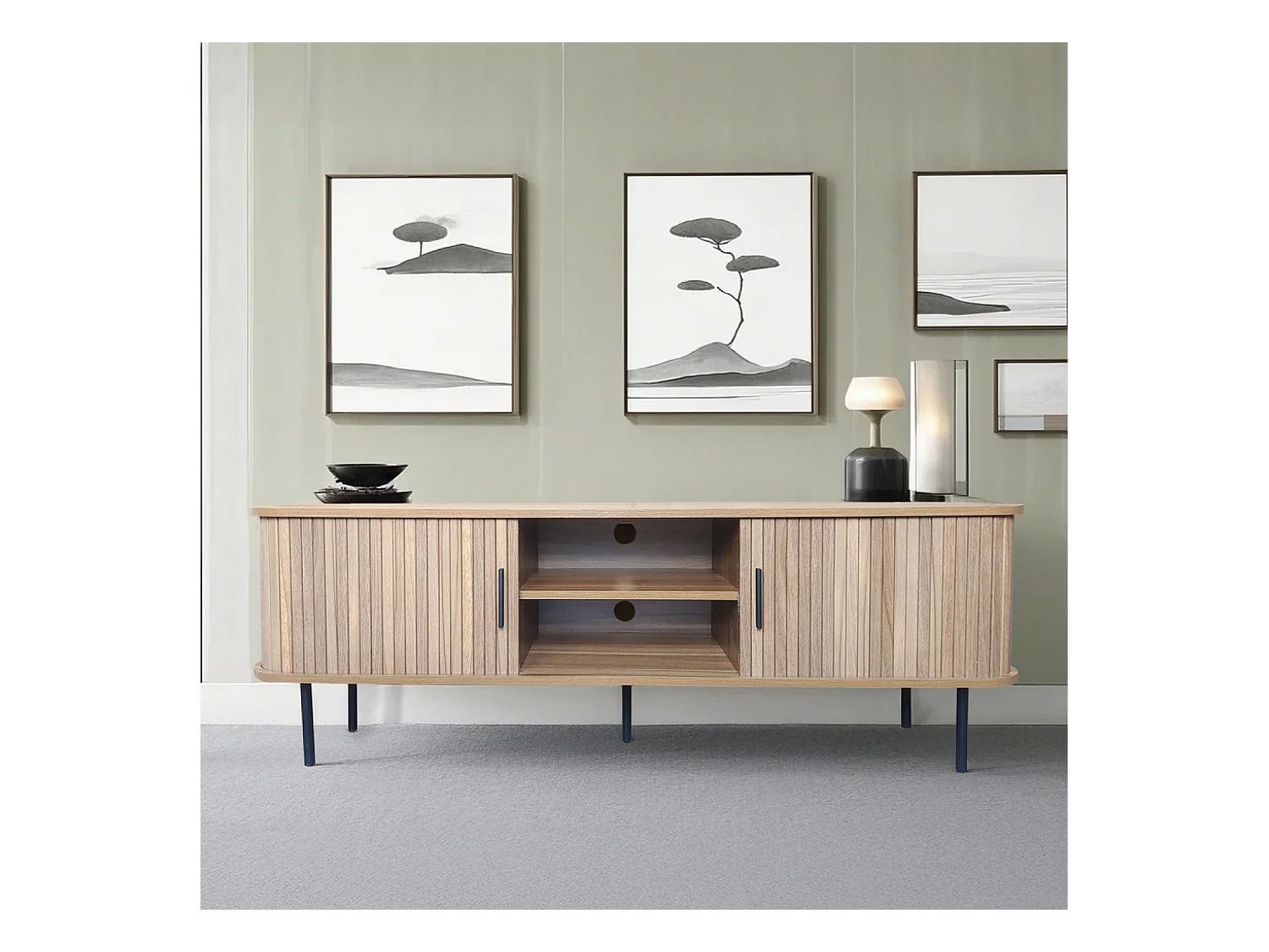 Meuble TV en bois cannelé à portes coulissantes 140cm MANADO