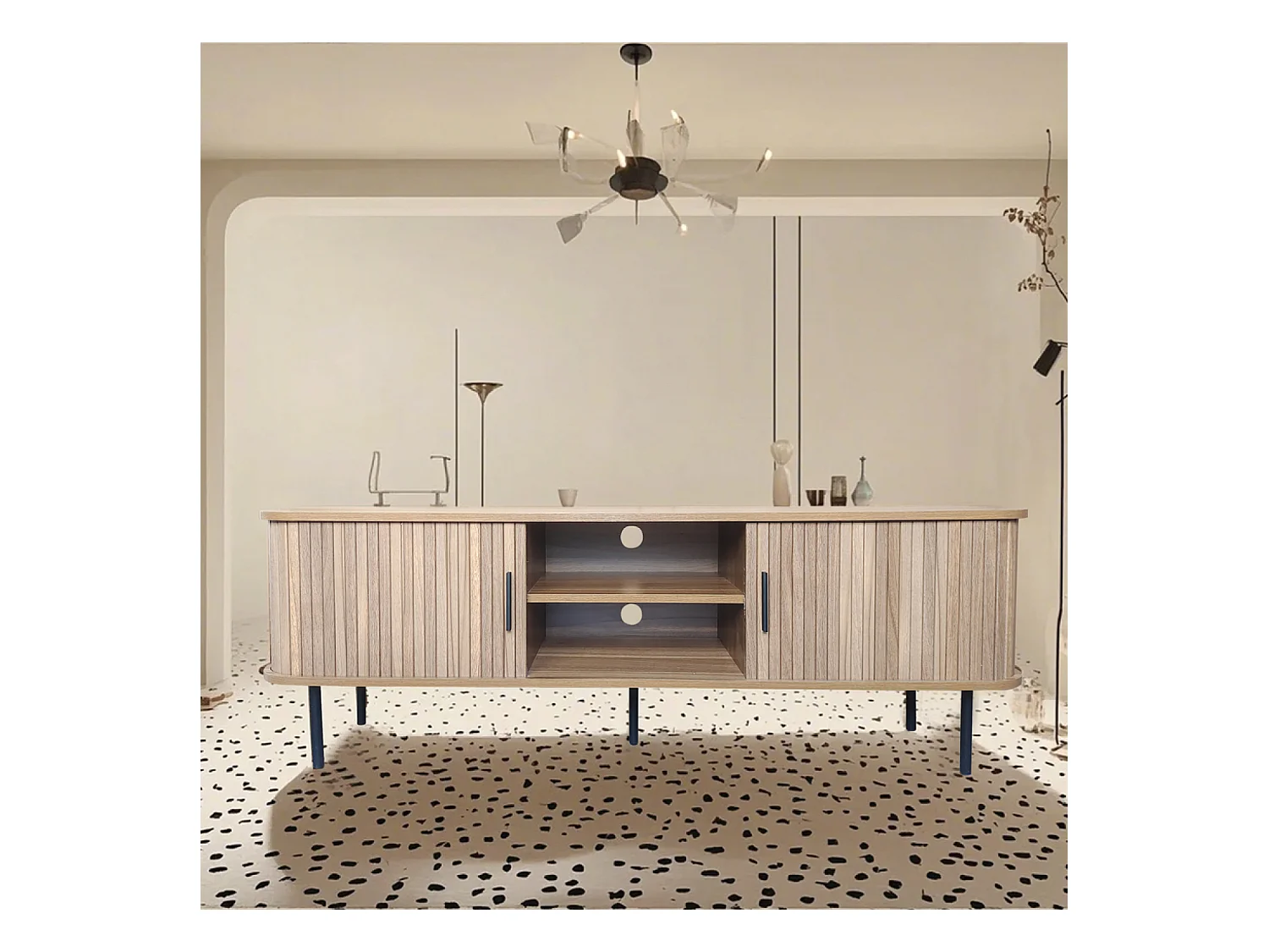 Meuble TV en bois cannelé à portes coulissantes 140cm MANADO