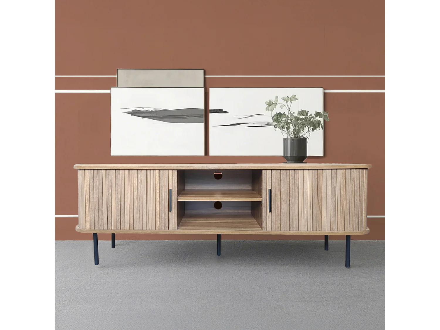 Meuble TV en bois cannelé à portes coulissantes 140cm MANADO