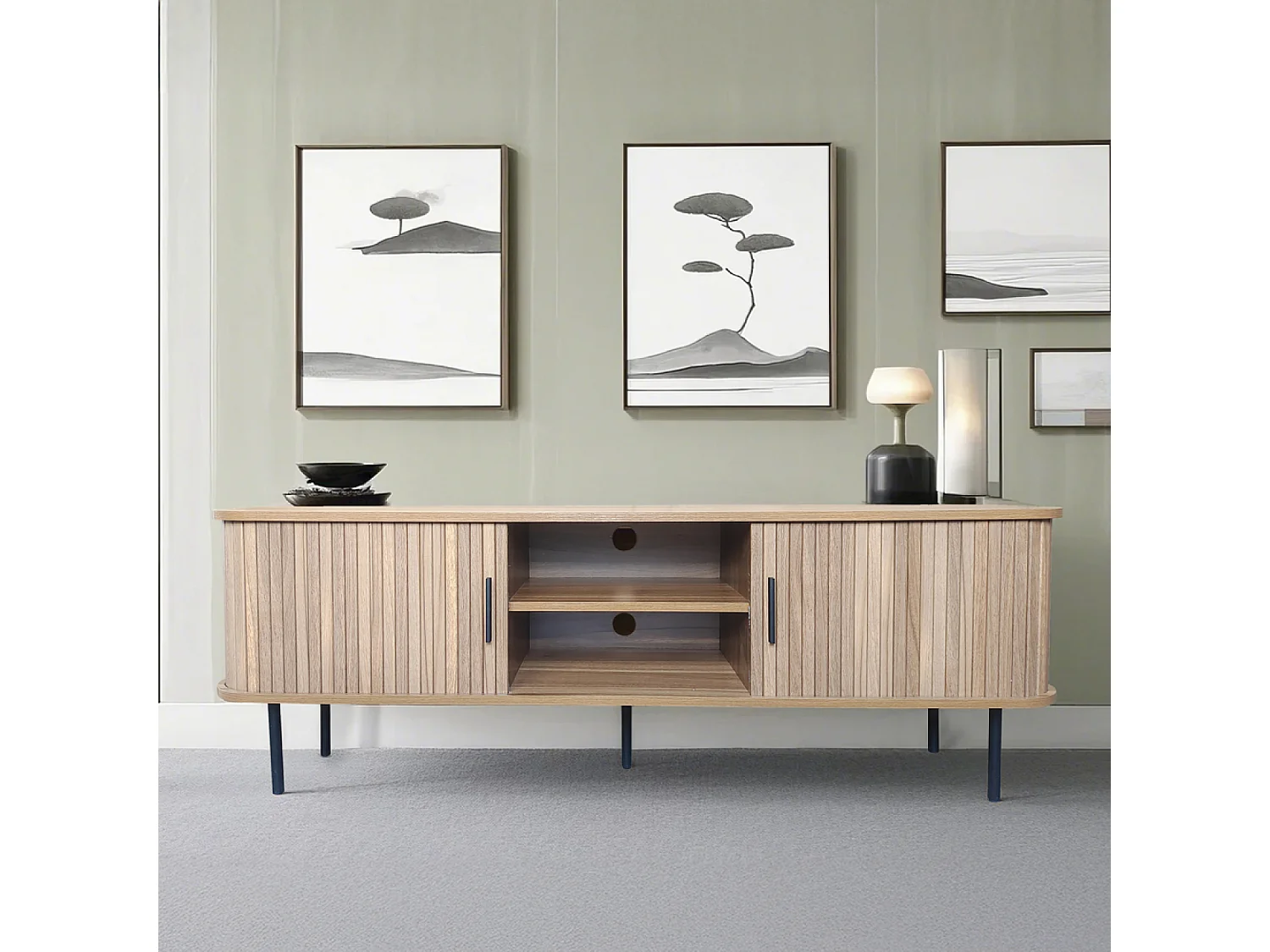 Meuble TV en bois cannelé à portes coulissantes 140cm MANADO