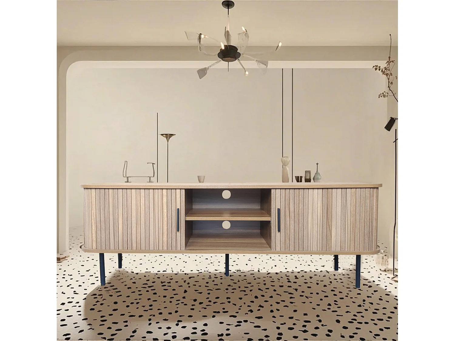 Meuble TV en bois cannelé à portes coulissantes 140cm MANADO