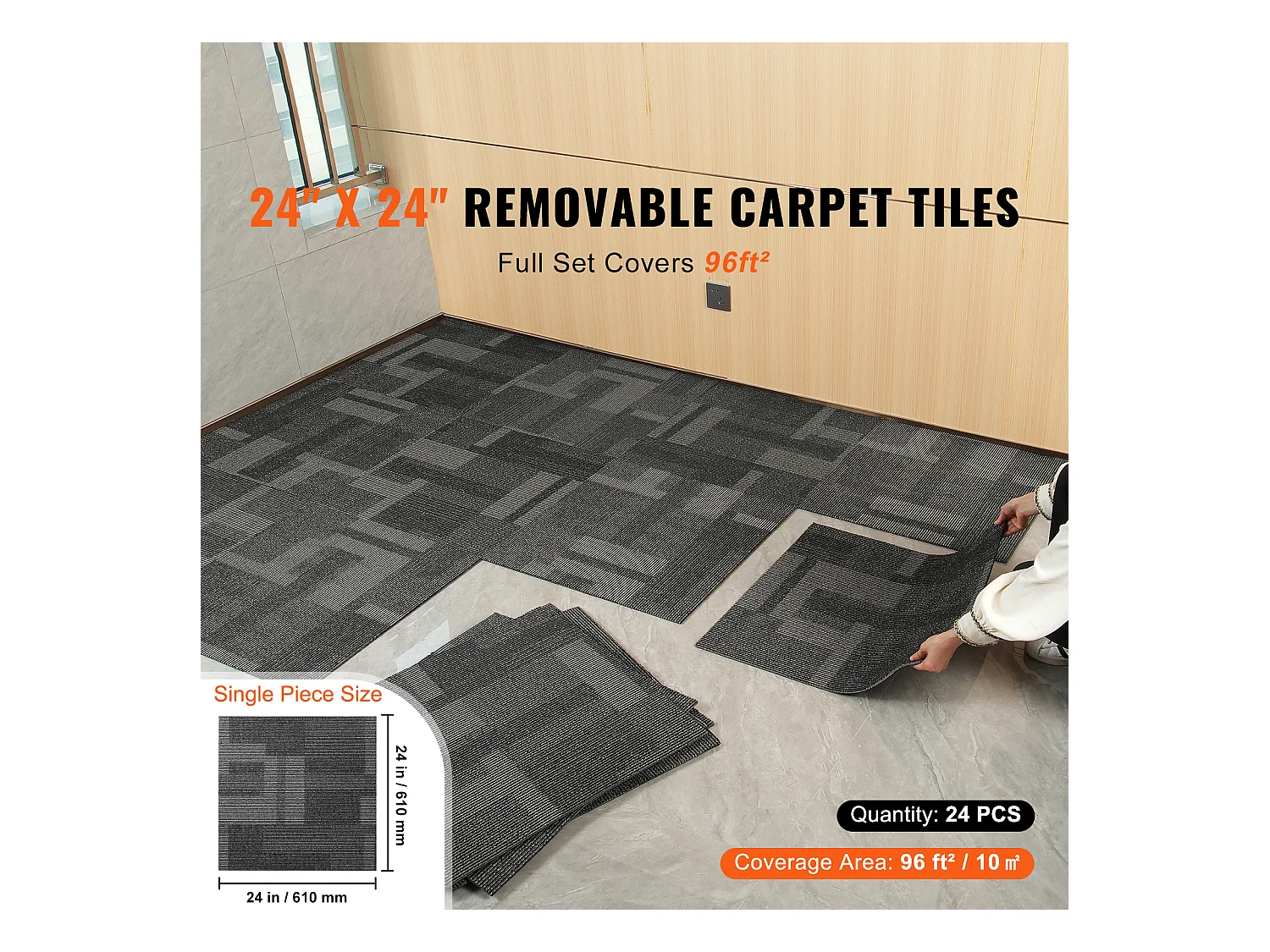 Tapis SucceBuy Dalles de Moquette Réutilisables, 24 Pièces 60.96CMx60.96CM Carrés avec Rembourrage Attaché DIY - Gris Mélangé