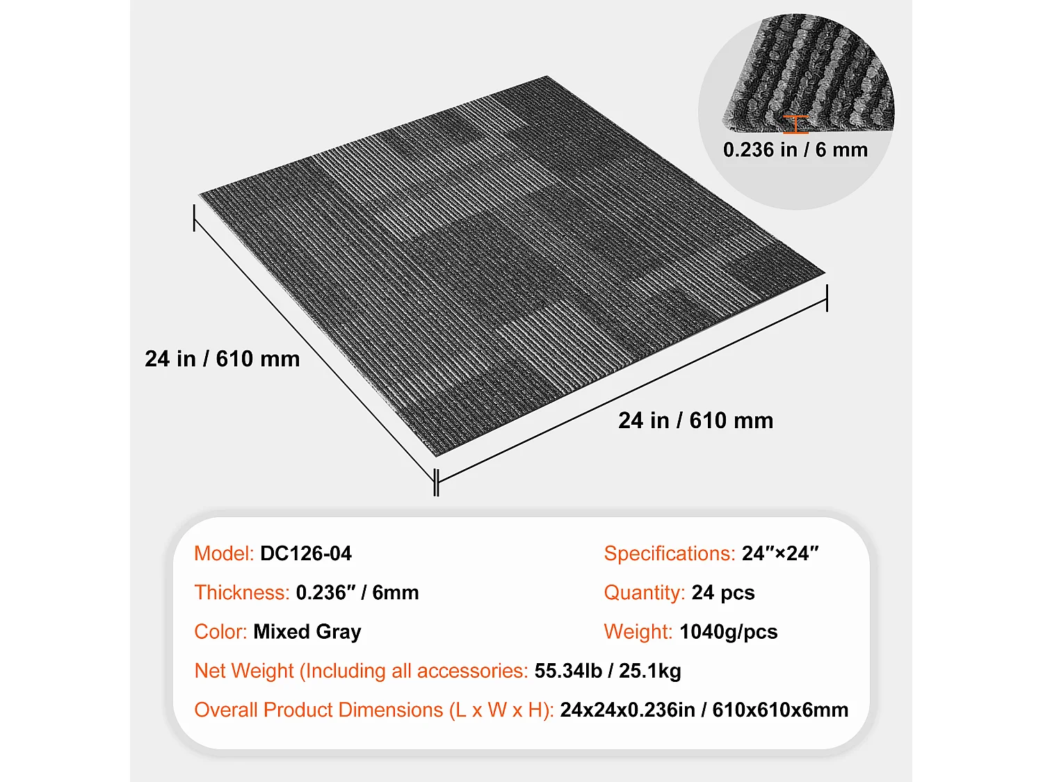 Tapis SucceBuy Dalles de Moquette Réutilisables, 24 Pièces 60.96CMx60.96CM Carrés avec Rembourrage Attaché DIY - Gris Mélangé