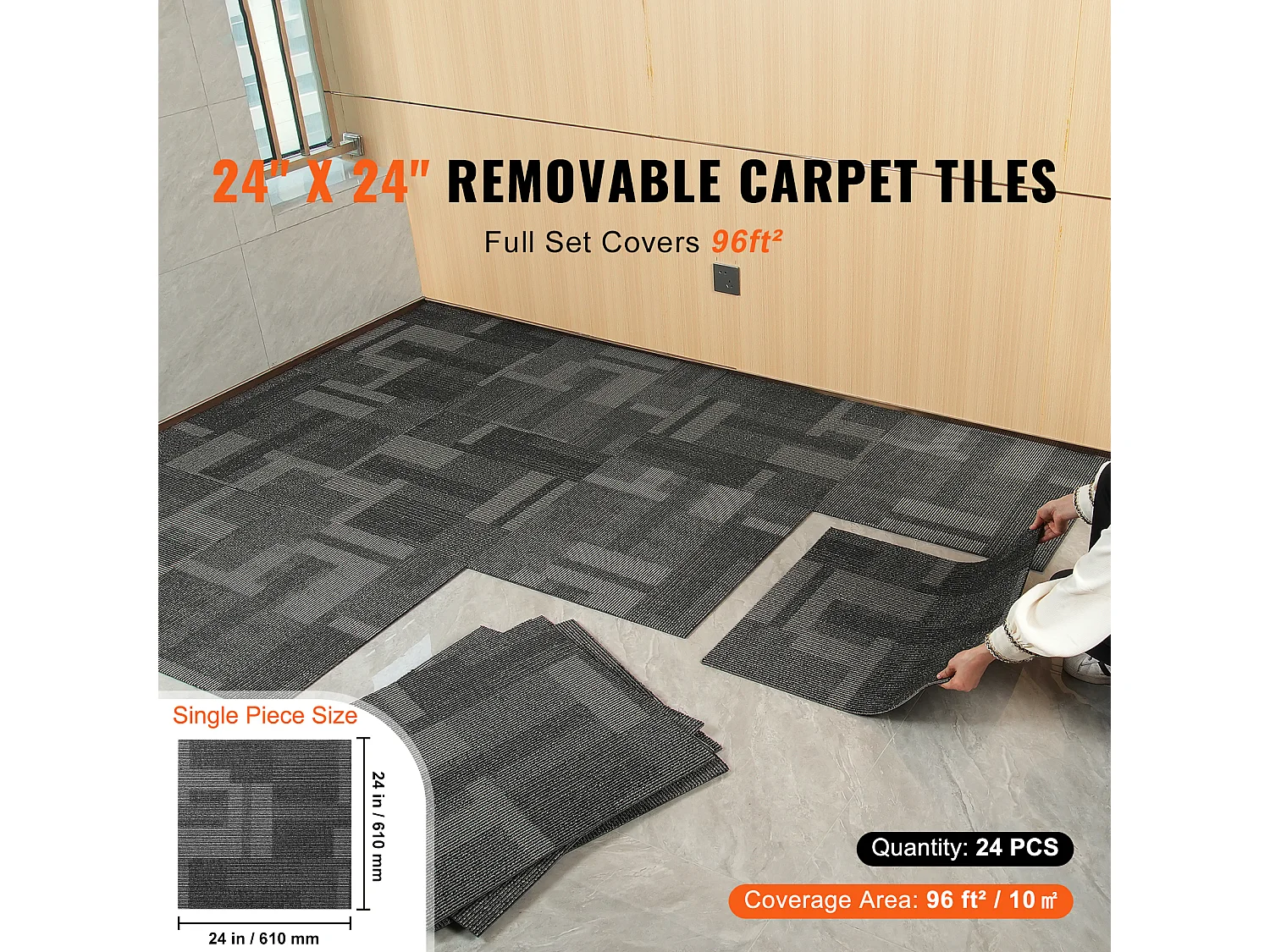Tapis SucceBuy Dalles de Moquette Réutilisables, 24 Pièces 60.96CMx60.96CM Carrés avec Rembourrage Attaché DIY - Gris Mélangé