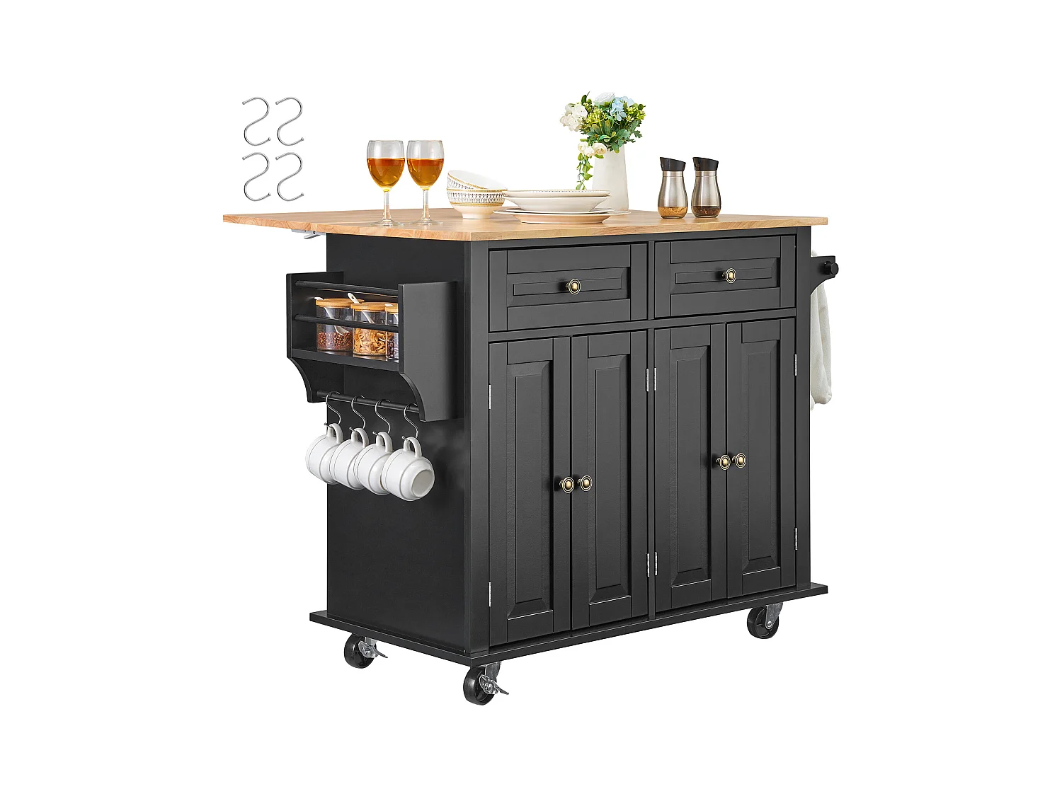 Ilha de cozinha com gavetas, móvel de arrumação para cozinha, carrinho com gavetas e prateleiras, 90 cm, preto