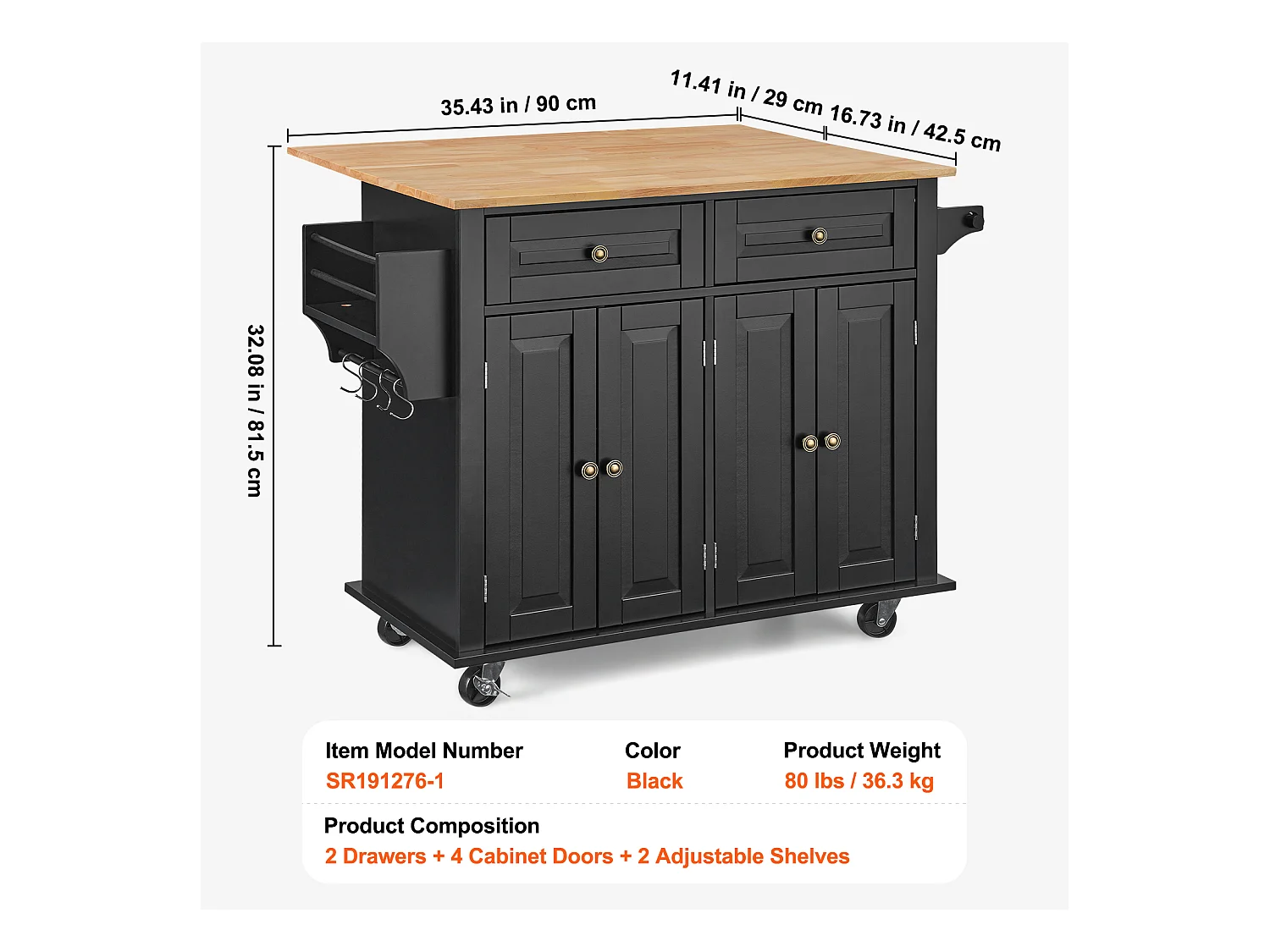 Ilha de cozinha com gavetas, móvel de arrumação para cozinha, carrinho com gavetas e prateleiras, 90 cm, preto