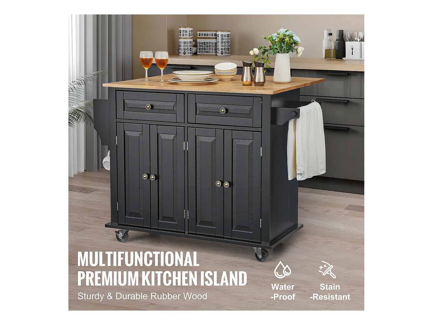 Ilha de cozinha com gavetas, móvel de arrumação para cozinha, carrinho com gavetas e prateleiras, 90 cm, preto