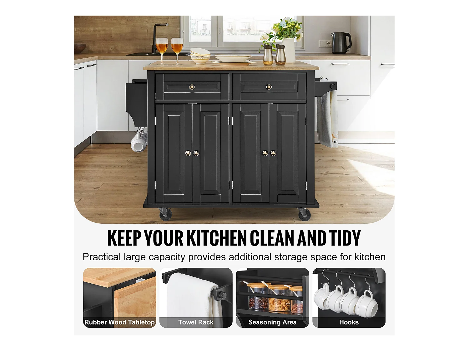 Ilha de cozinha com gavetas, móvel de arrumação para cozinha, carrinho com gavetas e prateleiras, 90 cm, preto